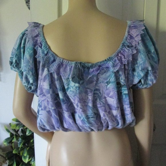 Vintage 80's Purple Puff sleeve crop top S M L - Picture 7 of 9